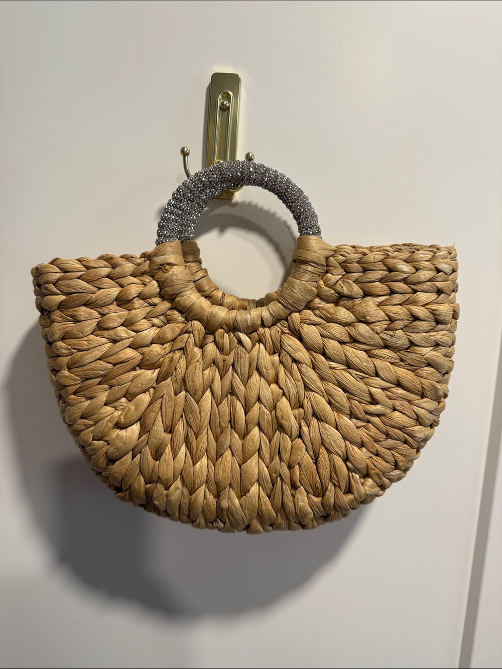 Glam Woven Straw Circle-Handle Tote Bag in Natural with Sparkly Silver Handle